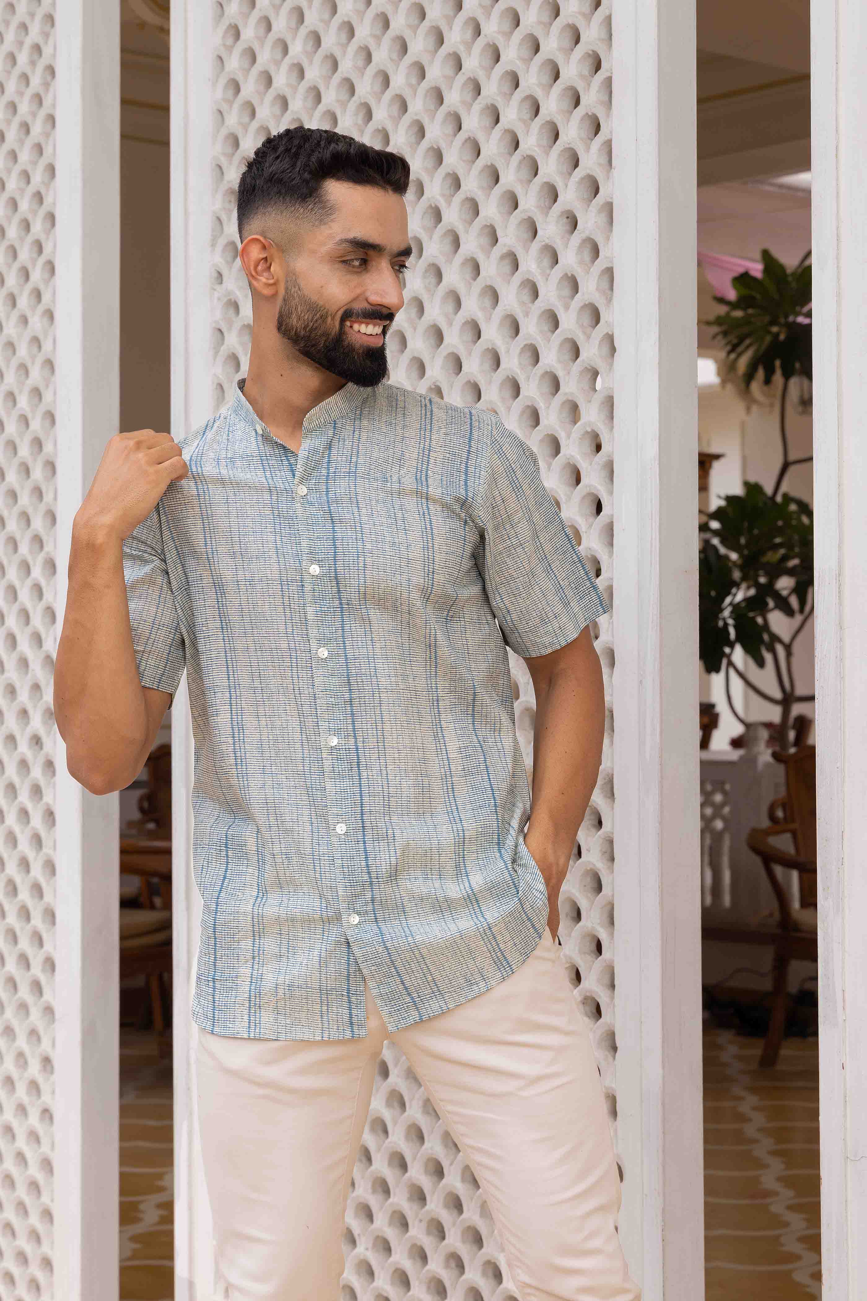 Blue Stripes Printed Cotton Shirt Kurta